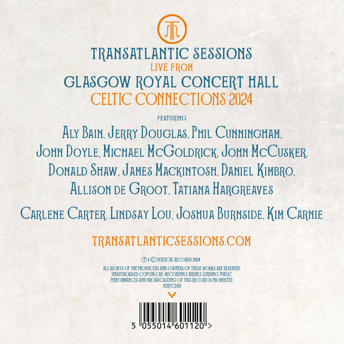 Rear Album Cover for Transatlantic Sessions - Live From Celtic Connections 2024 - VERTCD131 - Music CD