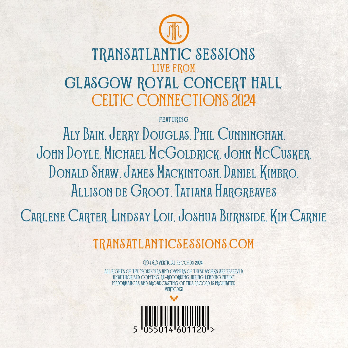 Rear Album Cover for Transatlantic Sessions - Live From Celtic Connections 2024 - VERTCD131 - Music CD